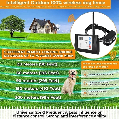 Miniatura 2 de Valla inalámbrica para perros, sistema de contención eléctrico seguro para mascotas, rango de radio ajustable de hasta 990 pies, contenedor
