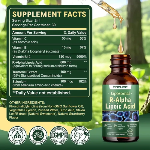 Miniatura 4 de 2 gotas líquidas R de ácido alfa lipoico de 600 mg – Suplemento ALA salvador de nervios para neuropatía para nervios, energía y apoyo al metabolismo