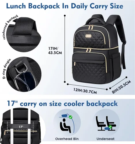 Miniatura 4 de Mochila Refrigeradora Lonchera Mochilas de Doble Piso Caja de Almuerzo, Mochilas Aisladas Bolsas Refrigeradoras de Almuerzo, Lonchera Liviana a Negro