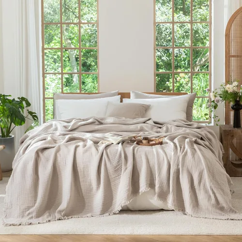 Miniatura 18 de MooMee - Manta de muselina 100% algodón, manta de 4 capas de gasa con borlas, ultra suave, transpirable, ligera y refrescante para cama y sofá Verde