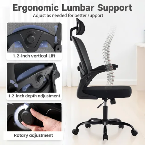 Miniatura 3 de Silla de oficina ergonómica con soporte lumbar ajustable, silla de escritorio de oficina con reposacabezas ajustable, malla transpirable, cojín