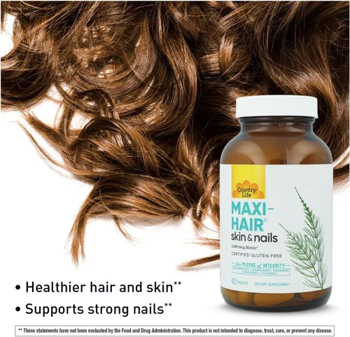 Miniatura 3 de Country Life Maxi-Hair-Skin & Nails-2,000 mcg de biotina, libre de PABA, 90 tabletas