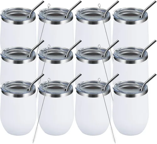Miniatura 30 de MEWAY Vaso de vino sin tallo de 12 onzas con tapa, vaso de viaje de acero inoxidable con aislamiento de doble pared al vacío con popote, para Negro
