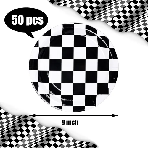 Miniatura 2 de Paquete de 50 platos de papel de coche de carreras de 9 pulgadas, platos desechables en blanco y negro, con bandera a cuadros, platos redondos