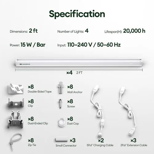 Miniatura 9 de Maygrove Luces de cultivo para plantas de interior de 2 pies, luz de crecimiento de espectro completo similar al sol, 5000 K, 60 W (4 x 15 W), tiras