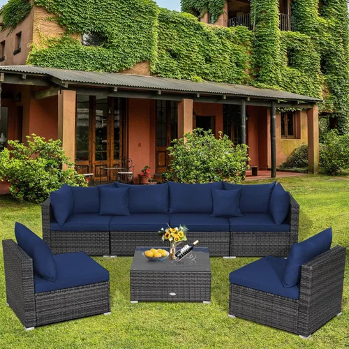 Miniatura 9 de Tangkula Juego de muebles de mimbre de patio de 7 piezas, juego de sofá modular de ratán para 6 personas con cojines de asiento y respaldo, 2 Azul