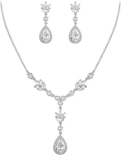 EleQueen Teardrop Bridal Jewelry Set for Wedding, Costume Prom Cubic Zirconia Necklace Earrings for Bride Bridesmaids