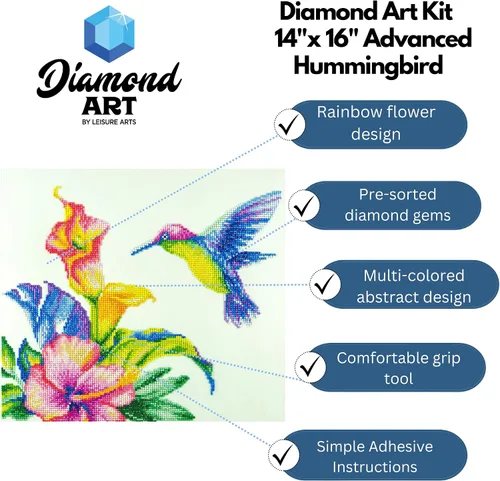 Miniatura 2 de DIAMOND ART BY LEISURE ARTS Kits de pintura de diamantes para adultos de 14 x 16 pulgadas, colibrí avanzado, taladro completo, kits de arte