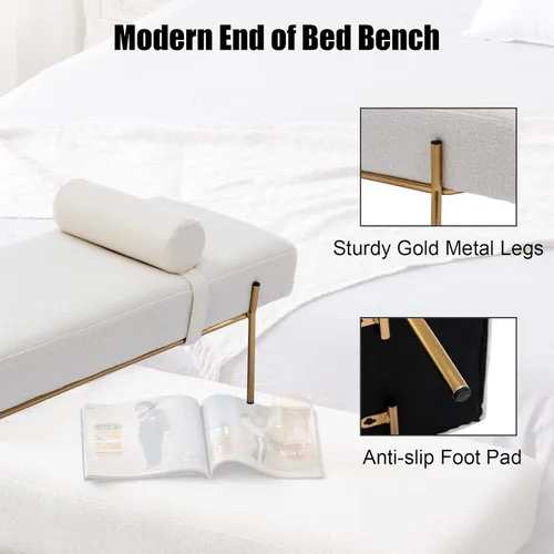 Miniatura 5 de Moderno banco de entrada tapizado con almohada desmontable para sala de estar, banco otomano de piel sintética con patas de metal dorado, cómodo