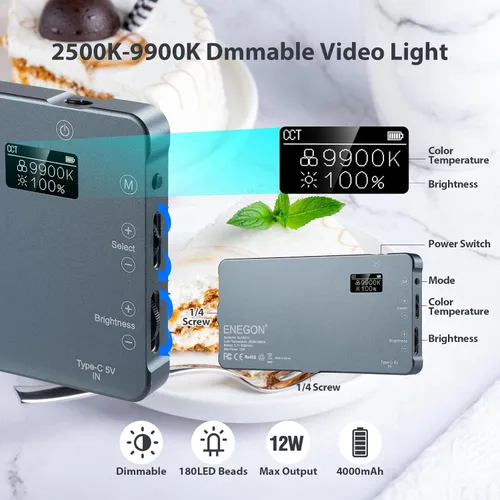 Miniatura 4 de ENEGON Luz de vídeo LED recargable de montaje bicolor de 4000mAh con mini panel para cámaras DSLR profesionales Iluminación para foto y video