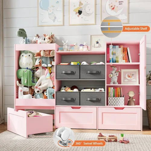 Miniatura 4 de Organizador de almacenamiento de juguetes para niños de 61 pulgadas de ancho con almacenamiento de animales de peluche, 3 cajones de almacenamiento