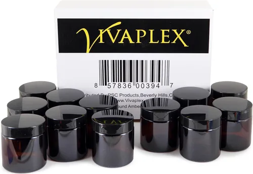 Miniatura 3 de Vivaplex, 12, ámbar, redondo, de 4 oz, tarros de vidrio, con forros interiores y tapas negras.