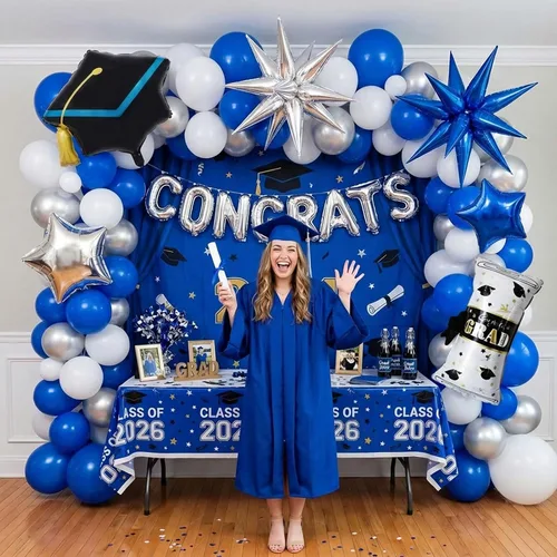 Miniatura 2 de Kit de arco de globos de graduación 2026, decoraciones de fiesta azul real y plateado: diploma de aluminio, letras de felicitación, globos de Azul