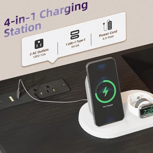 Miniatura 4 de Somdot Mesita de noche negra con estación de carga y luz LED, cómoda ancha de 5 cajones para dormitorio con contenedores de tela y estante abierto