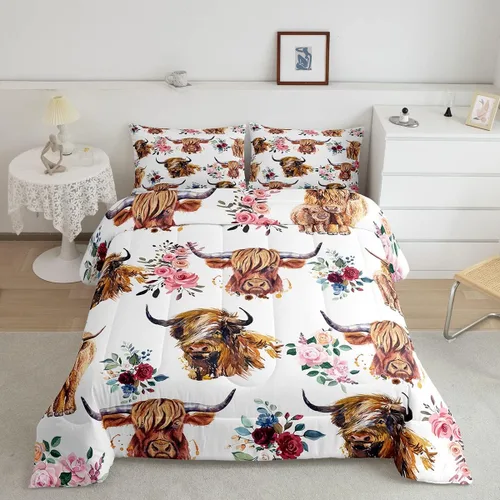 Miniatura 55 de Juego de ropa de cama de vaca de las tierras altas, edredón de ganado de las tierras altas, juego de edredón rosa floral de vaca occidental, juego