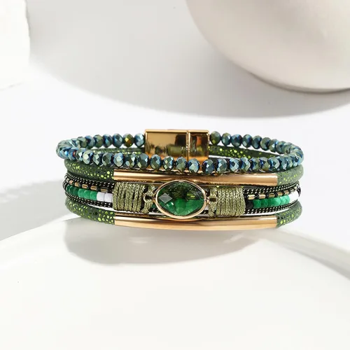 Miniatura 2 de Long tiantian Leather Wrap Bracelets Crystal Bead Bracelet Boho Cuff Stone Charm Bracelets with Clasp Multi-Layer Leather Cuff Bangle Jewelry Gifts