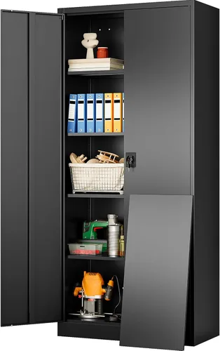 Miniatura 28 de SISESOL Armario de almacenamiento de metal con cajón y cerradura, gabinete de almacenamiento de metal negro con puertas de bloqueo y estantes