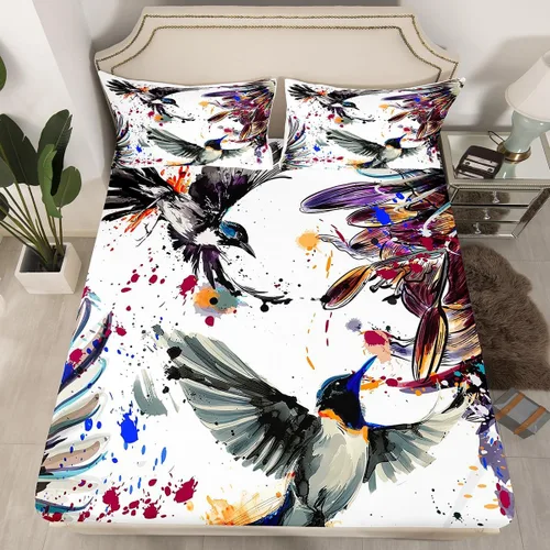 Miniatura 2 de Erosebridal Juego de sábanas de colibrí, tamaño individual, arte con flores de lirio, pájaros y salpicaduras de color en acuarela, juego de ropa