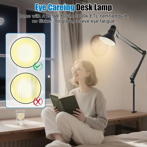 Miniatura 6 de Lámpara de escritorio con abrazadera LED, lámpara de escritorio con brazo oscilante ajustable de 360°, luz de abrazadera con bombilla LED que cuida
