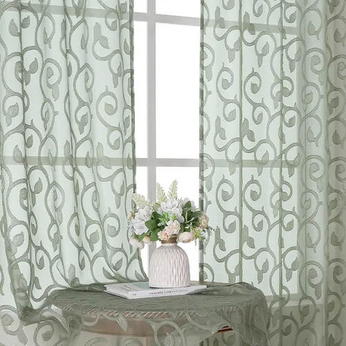 Miniatura 45 de OWENIE Furman - Juego de 2 paneles de cortinas traslúcidas negras de 24 pulgadas de largo, cortinas semitransparentes de jacquard ligeras y aireadas