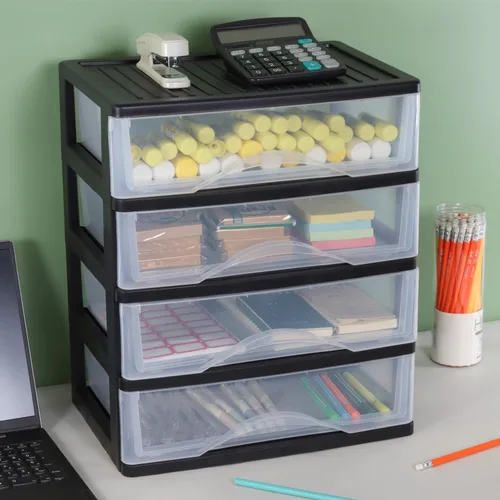 Miniatura 2 de BYCY Organizador de escritorio mediano apilable transparente de 4 cajones para suministros de oficina, cajones de almacenamiento apilables