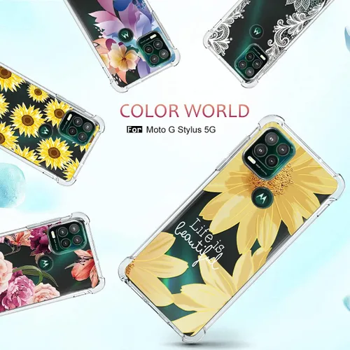 Miniatura 7 de Osophter Funda para Moto G Stylus 5G 2021 con 2 protectores de pantalla floral para niñas y mujeres, absorción de golpes, funda de goma TPU flexible