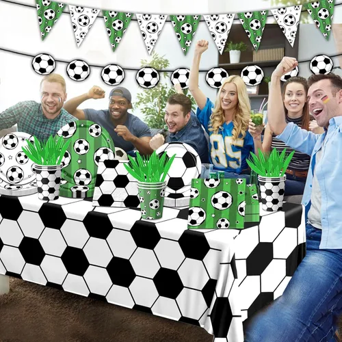 Miniatura 2 de Juego de vajilla para fiesta de fútbol, 142 piezas de platos y servilletas para fiesta, incluye bandera, platos, vasos, servilletas, mantel