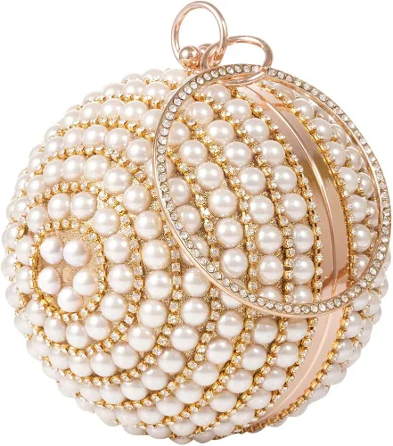 Bolso redondo de la bola del embrague de la mujer deslumbrante completo Rhinestone borlas anillo de la manija del bolso de las perlas de la noche