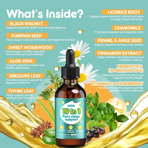 Miniatura 3 de Gotas de Limpieza Intestinal Herbal 19 en 1 - Ajenjo, Nogal Negro, Chlorella 250mg, Probióticos 10B, Clavo y Orégano - Soporte de Desintoxicación