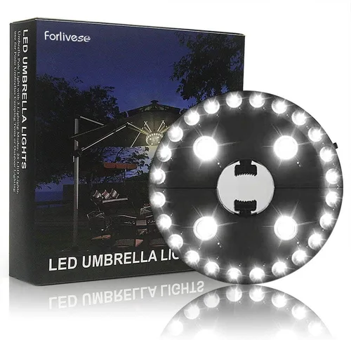 Miniatura 6 de Forlivese - Lámpara para sombrilla con 3 modos de brillo, inalámbrica, 28 luces LED a 200 lúmenes, alimentación de 4 pilas AA, luz de poste