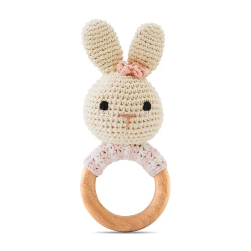 Miniatura 10 de Sonajero de madera para bebé,Sonajero de conejo de ganchillo con anillo de madera, Juguete de sonajero de animales de madera para recién Conejito-1
