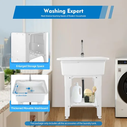 Miniatura 7 de Fregadero de lavandería de plástico independiente blanco con tabla de lavadero, fregadero de utilidad para interiores y exteriores con grifo de agua