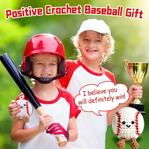 Miniatura 8 de Regalos positivos de ganchillo de béisbol para niños, hombres, papá, muñeca de punto inspiradora con tarjeta de aliento y llavero de caja, divertida