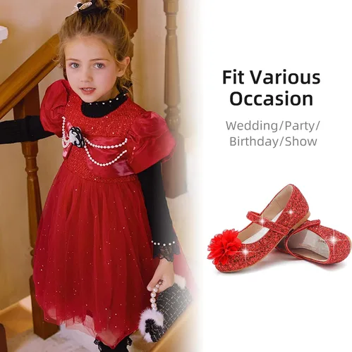 Miniatura 6 de Parrosoo Zapatos de vestir para niñas, zapatos brillantes Mary Jane, zapatos de ballet con purpurina, tacón bajo, para niña, escuela, princesa