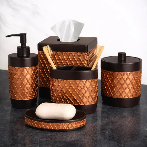 Miniatura 12 de Decozen Juego de 6 accesorios de baño, dispensador de jabón, soportes para cepillos de dientes, vaso, jabonera y tarro de hisopo de algodón