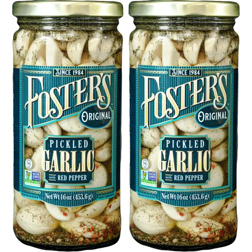Foster's - Dientes de ajo en escabeche en frasco, original, 16 onzas, paquete de 2, receta tradicional de verduras en escabeche durante más de 40