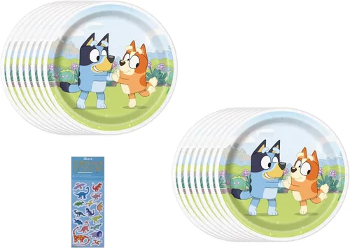 El paquete de suministros para fiesta de cumpleaños Bluey incluye 16 platos de papel para pastel de postre y 1 hoja de calcomanías de dinosaurio