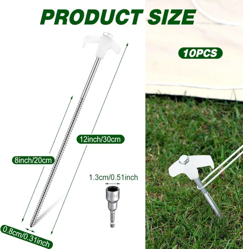 Miniatura 2 de Hicarer 20 piezas 30 cm Estacas de tienda de enroscar para acampar, estacas de metal resistentes con punta roscada y cabeza hexagonal para acampar