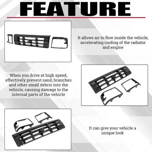 Miniatura 4 de HECASA Parrilla delantera y moldura de faro compatible con Ford Bronco F-150 F-250 HD F-350 1992-1997 Reemplazo para FO1200172 FO2512131 FO2513135