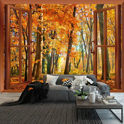 Miniatura 6 de Aidatain Tapiz de otoño para colgar en la pared, diseño de bosque de arce, tamaño 80 pulgadas de largo x 60 pulgadas de ancho, tapices de tela