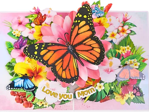 Miniatura 2 de Día de la Madre desplegable para mamá, mariposas te aman mamá, mariposa monarca 3D, hermosas flores, tarjeta de cumpleaños para madre, regalo ideal