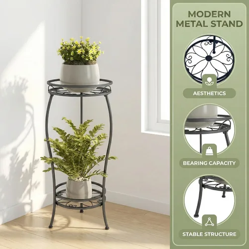 Miniatura 2 de Soporte para plantas para interiores y exteriores, soporte alto de metal negro resistente a la corrosión para plantas, 2 niveles de 27.1 pulgadas