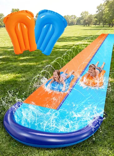 Miniatura 8 de Sloosh Toboganes de agua dobles de 22.5 pies, tobogán de césped resistente con aspersor y 2 tablas inflables, patio trasero, césped, verano, juguete