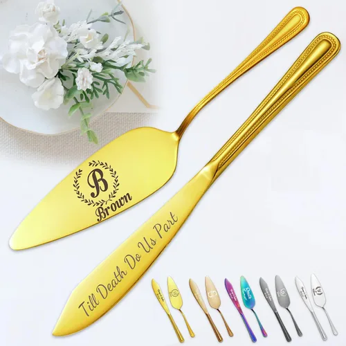 Miniatura 11 de Juego personalizado de corte de pasteles para boda, servidor de pastel de boda grabado gratis, cuchillo de pastel de acero inoxidable y juego