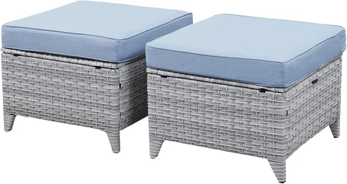 Miniatura 15 de Belord Juego de 2 taburetes otomanos de mimbre de ratán para todo tipo de clima, con cojines suaves para muebles de patio Cojín de mimbre gris