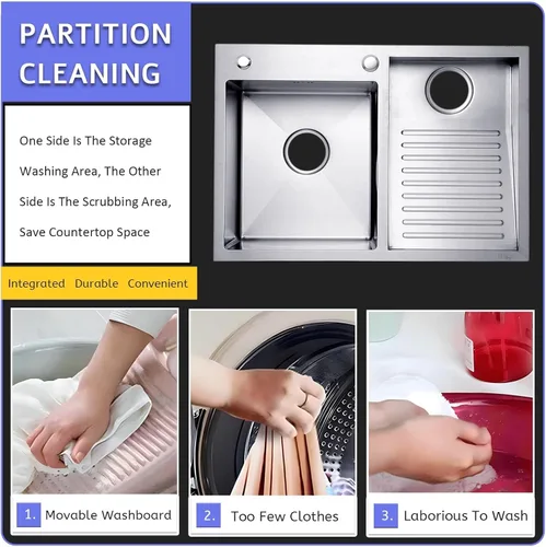 Miniatura 4 de Fregadero de lavandería de acero inoxidable con tabla de lavado integrada, bañera para lavar a mano con panel grueso, fregadero de lavandería