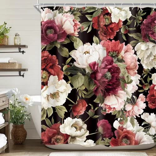 Miniatura 14 de Cortina de ducha floral roja para baño, 60 pulgadas de ancho x 72 pulgadas de largo, flor de cerezo, ciruela, estética asiática, japonesa, acuarela