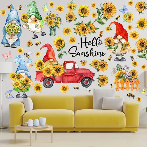 Miniatura 5 de Capoda 122 calcomanías de pared de primavera, 6 hojas, calcomanías de pared de gnomo de girasol, decoración de camión de gnomo, decoración