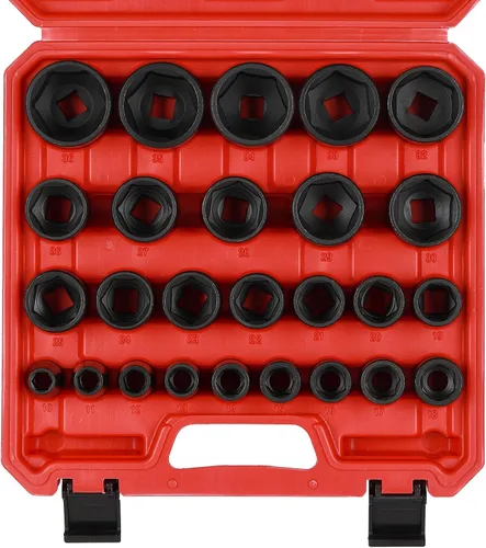 CASOMAN Juego de 26 llaves de impacto de 1/2 pulgada, métricas, poco profundas, 0.394 in a 1.417 in, acero de aleación Cr-Mo, diseño de esquina de