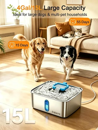 Miniatura 2 de SIBAYS Fuente de agua grande para perros de 4 galones/15 L, fuente de agua para mascotas de acero inoxidable con ventana de nivel de agua y luz LED